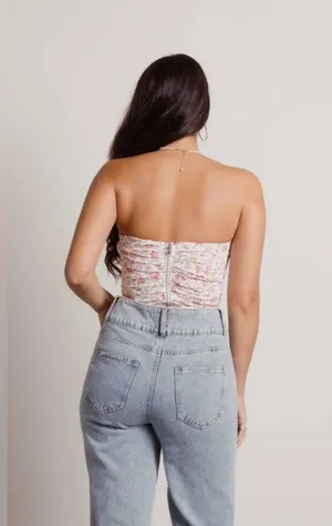 Pink Floral Ruched Corset Bustier Crop Top thumbnail 4