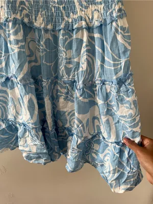 Blue White Swirl Print Smocked Waist Ruffle Mini Dress Small Coastal Vacation thumbnail 6