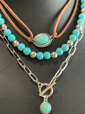 Turquoise and Silver Layered Necklace Set Blue thumbnail 3