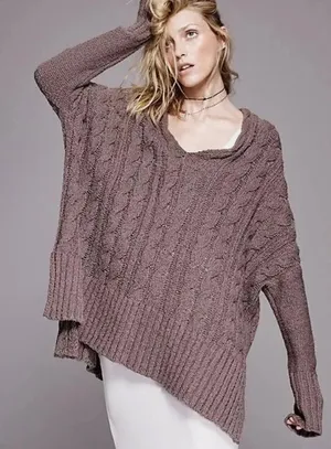 Free People Easy Cable V Neck Oversized Sweater Brown Women’s Small thumbnail 1