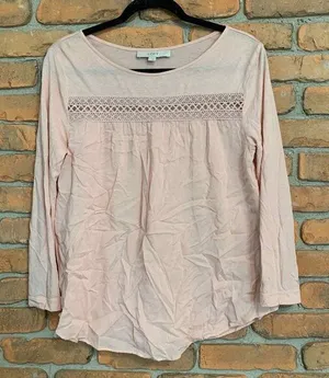 LOFT Womens Small Top Blush‎ Pink Long Sleeve Crochet Lace Trim Blouse Feminine thumbnail 1