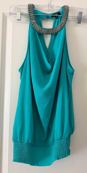 Vince Camuto Sleeveless Beaded Neck Teal Top thumbnail 1