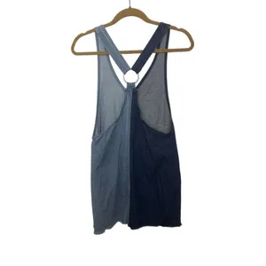 H&M Blue Patchwork Denim Overall Mini Dress 4 Pocket Mixed Media Distressed thumbnail 2