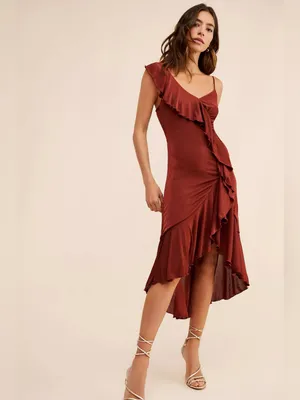 Anthropologie One-Shoulder Ruffled High-Low Midi Dress in Brown thumbnail 2