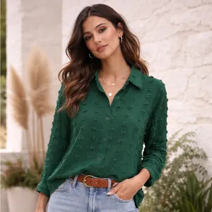 Forest Green sheer button down long sleeve blouse with textured dots thumbnail 2