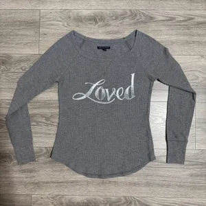 American Eagle Women Top XS Grey Loved Waffle Knit Thermal Scoop Neck Raglan Y2K thumbnail 5