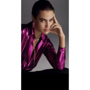 By ANTHROPOLOGIE Magenta Pink Shimmer Shine Lamé Buttondown‎ Top Blouse X-Small thumbnail 4