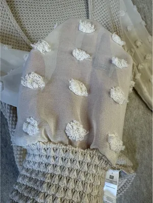 CUPSHE Wrap Waffle Knit Top Sheer Sleeve With Poms Beige Women’s Small thumbnail 5