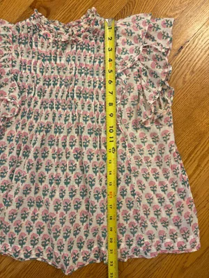 Oliphant Floral Smocked Ruffle Blouse Pink Teal Cottagecore Boho Top | S thumbnail 6