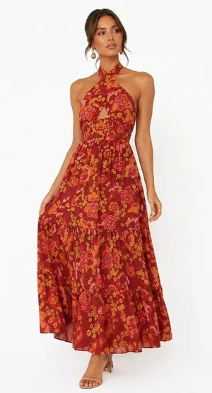 NWT Zesica Halter Floral Maxi Dress Red Boho Tiered Smocked Backless Size S thumbnail 1