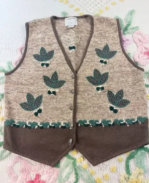 Christopher & Banks Hand Embroidered‎ Sweater Vest Brown Tan Leaf Button Front M thumbnail 1