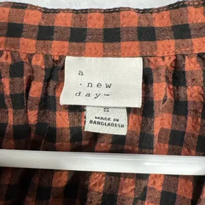 A New Day Balloon Sleeve Popover Top Blouse Womens S Plaid Black Orange Retro thumbnail 3