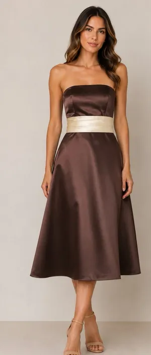 Bill Levkoff Chocolate Brown Satin Strapless Fit Flare Midi Dress Ivory Sash 6 thumbnail 1