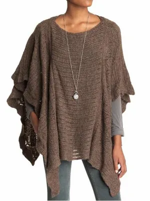 Free People Rosie Lee Poncho‎ Medium Brown Open Knit Ruffle Hem Boho Oversized thumbnail 1