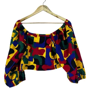 NWT It's Fashion Twist Front Geometric Crop Top Multicolor Retro Puff Size 1X thumbnail 4