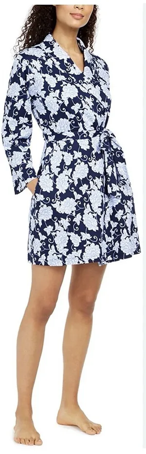 Charter Club Women Cotton‎ French Floral Belted Robe Blue Size Medium thumbnail 1
