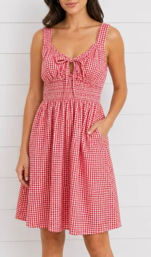 Asos pink and red gingham smocked waist mini dress milkmaid size 6 thumbnail 1