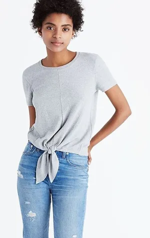 Madewell Texture & Thread Modern Tie-Front Top in Heather Pelican Grey Medium thumbnail 1