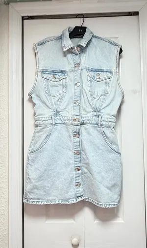 ✨ ZARA Light Wash Denim Vest Mini Dress | Size L | Button Front Sleeveless 👗 thumbnail 10