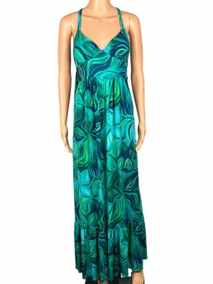 BISOU BISOU Green Navy Blue Tropical Swirl Print Empire Waist Maxi Dress Size 16 thumbnail 2