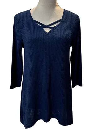 New Direction Women's Dark Blue Ribbed Long Sleeve Tunic Sweater S thumbnail 1