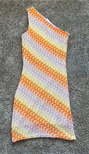 Altar'd State One-Shoulder Crochet Dress in Orange, Lavender & Yellow thumbnail 1
