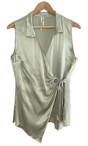 NWT‎ ANTHROPOLOGIE Iridescent Satin Wrap Top, Small, Metallic Sleeveless Ruched thumbnail 1