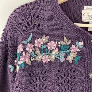 Christopher & Banks Vintage 90’s Purple Hand Embroidered Floral Knit Sweater thumbnail 6