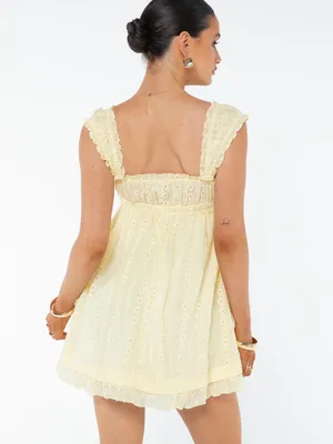 Altar'd State Pale Yellow Eyelet Ruffle Mini Dress thumbnail 3