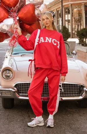 Fancy Oversized Fleece Heart Letters Mockneck - Ruby Red thumbnail 1
