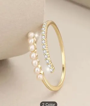Vintage & Vacation Style Adjustable Copper Ring With Zirconia Inlay & Pearl Ring thumbnail 5