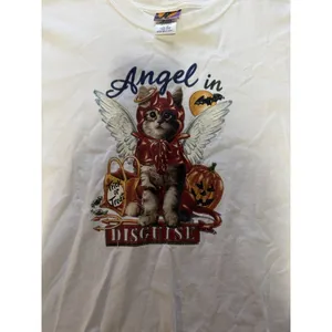 Angel In Disguise Women Cat Halloween T Shirt White Size Large Cotton Kitty‎ thumbnail 6