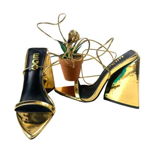 EGO Gold Lace Up Chunky Heel Womens Shoes Sz 5 Y2K Club Glam Metallic Pointed thumbnail 1