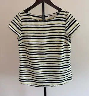 Ann‎ Taylor Loft Women's Striped Short Sleeve Blouse with Back Button Detail thumbnail 1