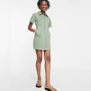 Topshop Clean Front Zip Denim Mini Shirtdress Dress in‎ Light Olive Green Size 4 thumbnail 3