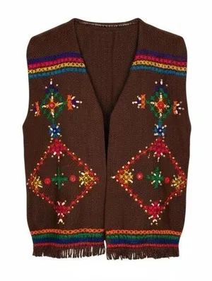 Vintage‎ Embroidered Knit Vest Womens Small Brown Boho Shell Fringe Trim thumbnail 1