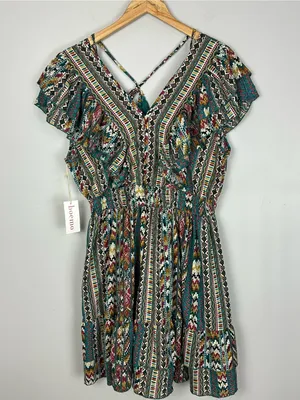 Boemo Ruffle Hem Mini Aztec Geometric Print Dress Flutter Sleeve Size Large NWT thumbnail 11