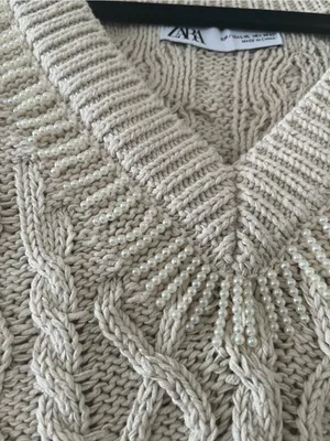 Zara Cream Cable Knit Sweater Vest Large Pearl Detail Preppy Quiet Luxury thumbnail 3