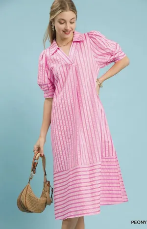 Umgee Striped Puff Sleeve Midi Dress - Peony - Small‎ thumbnail 1