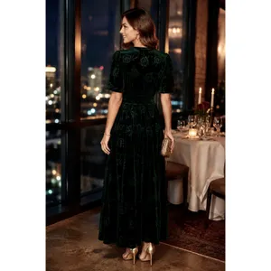 BALTIC BORN Green Velvet Artemis Maxi Dress Tonal Floral Smocked Flutter Small thumbnail 6