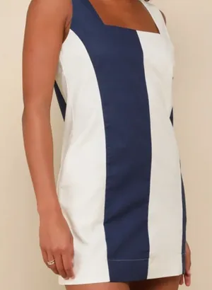 Lulus Nwt Mod Moves Ivory and Navy Color Block Linen Mini Dress thumbnail 1