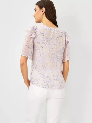 NWT Ann Taylor Size Medium Floral Flutter Sleeve Subtle Metallic Blouse NEW thumbnail 2
