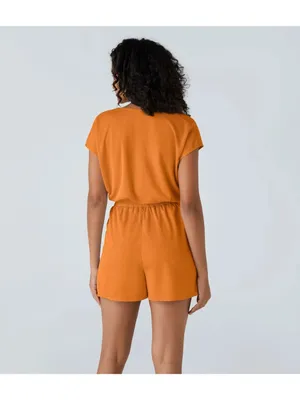 Halara V Neck Short Sleeve Pocket Waffle Casual Romper Orange L thumbnail 2