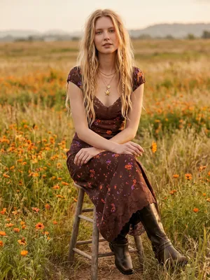 Free People Dainty Lace Retro 90s Butterfly Babe Maxi Dress in Brown Combo XL thumbnail 6