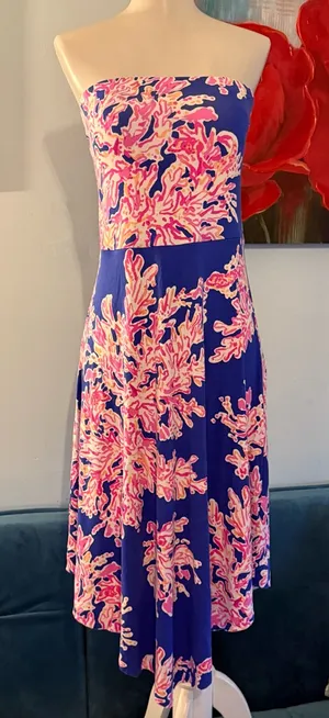 Lilly Pulitzer Lolita strapless midi dress Blue Pink SIZE M Medium Padded Chest thumbnail 1