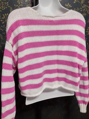 aerie Pink and White Striped Crewneck Sweater thumbnail 2