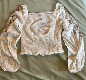 Lascana Shirred Blouse Women White Floral Embroidered Long Sleeve Boho XS 0 2 thumbnail 1