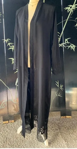 open front black maxi cardigan mesh & embroidered detail size Large Made In UAE thumbnail 3
