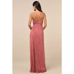 NWT Lulus Desme Rose Pink Satin Plisse Strapless Maxi Dress Holiday Party Size M thumbnail 3