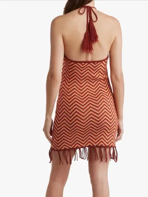 Lush Crochet Knit Halter Mini Dress Fringe Hem Boho Festival Size S thumbnail 3